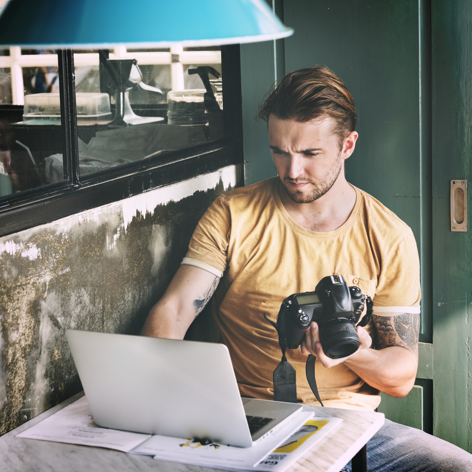 Man Camera Photographer Laptop Photography Concept